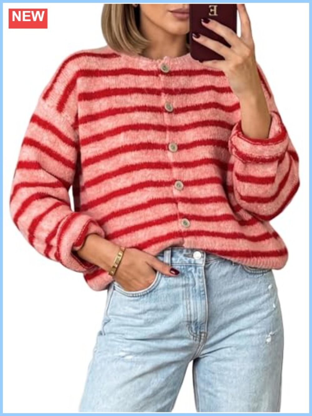 Striped Button Up Long Sleeve Cropped Cardigan Loose Fit Fall Sweater